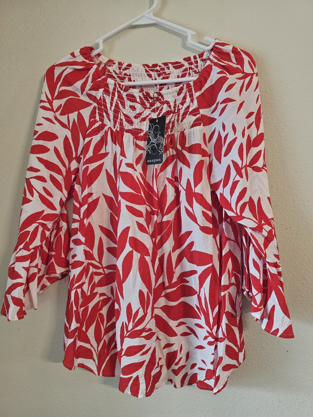 Ava & Grace Red and White Leaf-Print Off-Shoulder Top